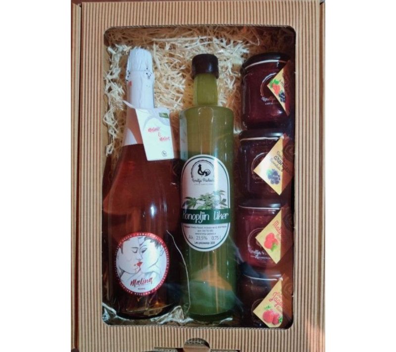 Paket Malinovo peneče vino, komplet marmelad in liker po izbiri Kmetija Pavlovič Paket Malinovo peneče vino, komplet marmelad in liker po izbiri Kmetija Pavlovič