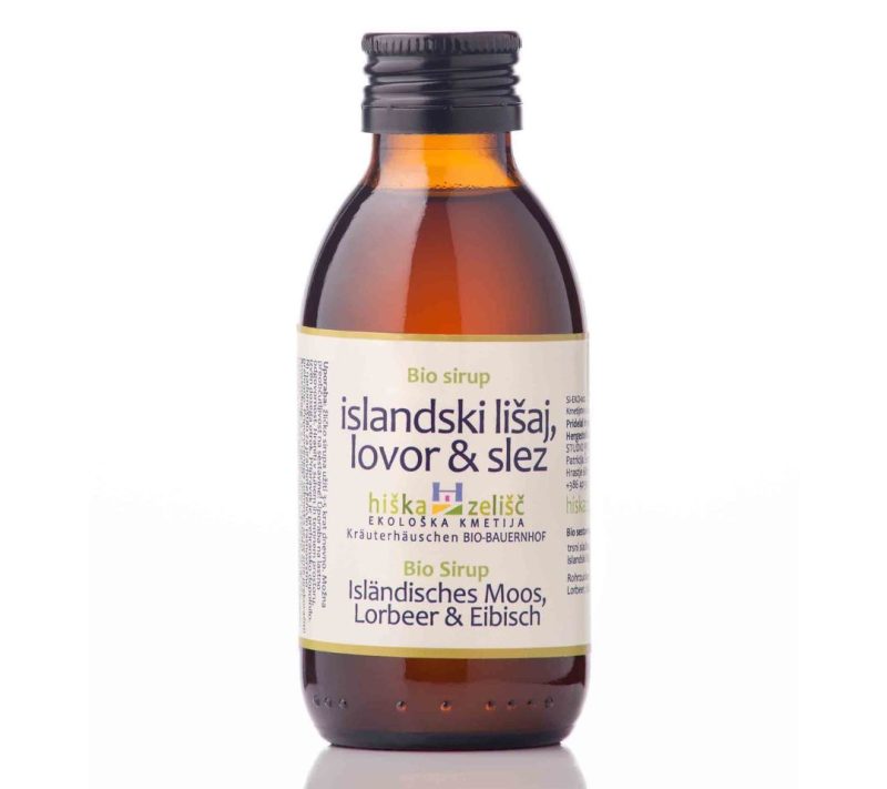 Bio zeliščni sirup islandski lišaj, lovor in slez (prehransko dopolnilo) Hiška zelišč, 150ml