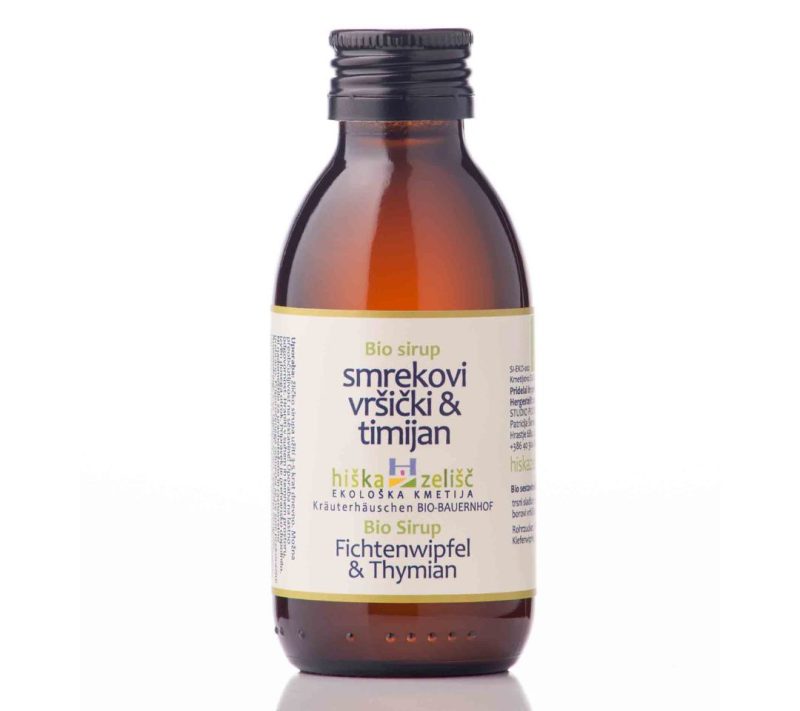 Bio zeliščni sirup smrekovi vršički in timijan (prehransko dopolnilo) Hiška zelišč, 150ml