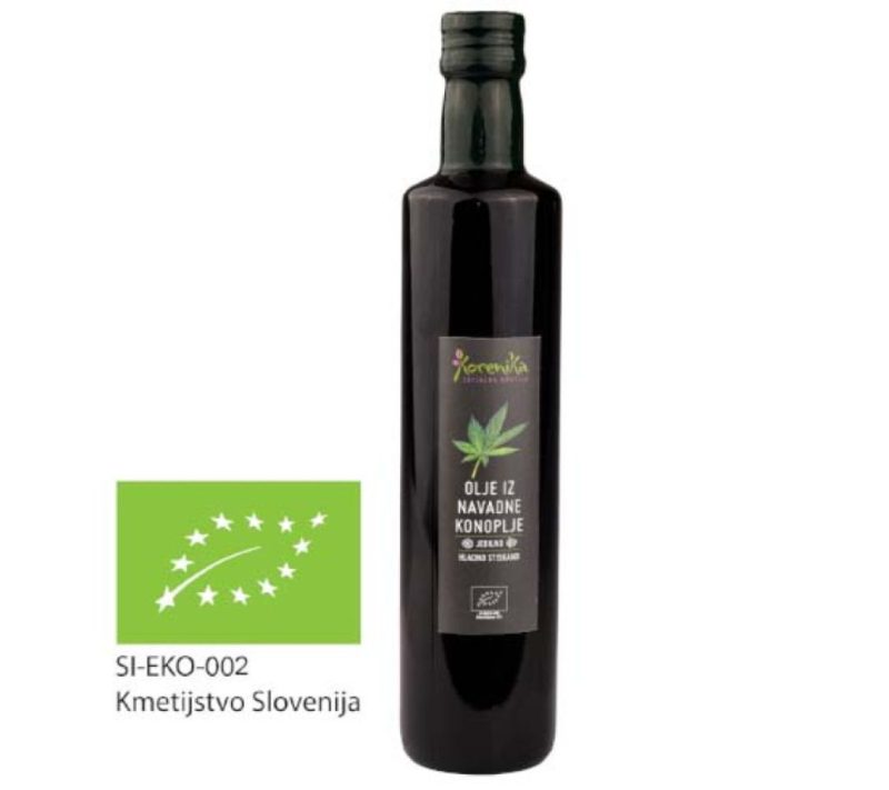 Ekološko jedilno hladno stiskano olje iz navadne konoplje Korenika, 500ml
