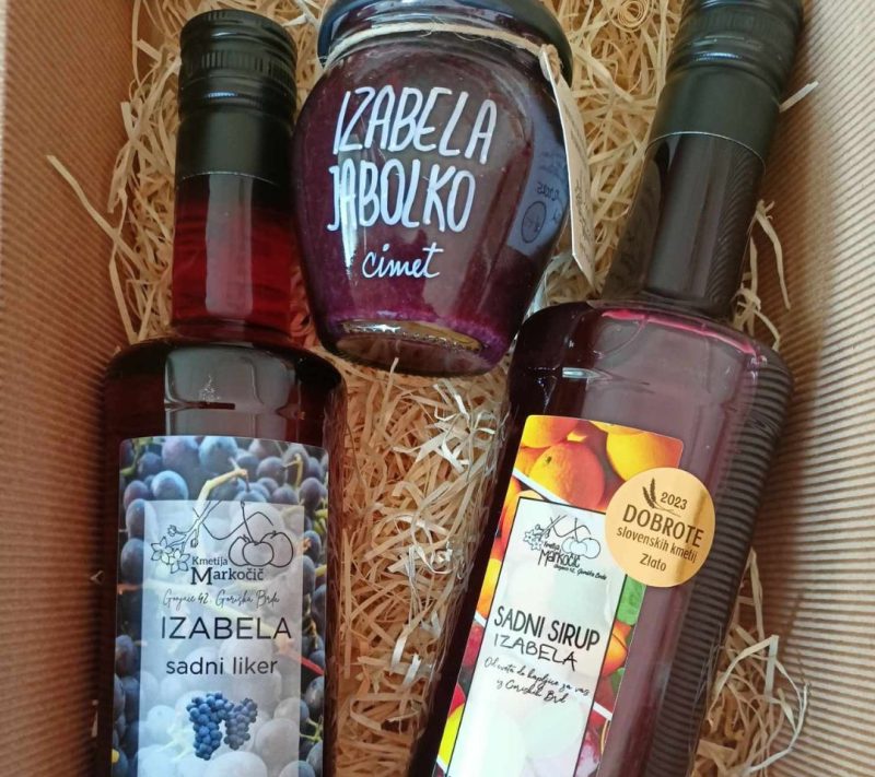 Paket sirup izabela, liker izabela, marmelada izabela-jabolko-cimet kmetija Markočič