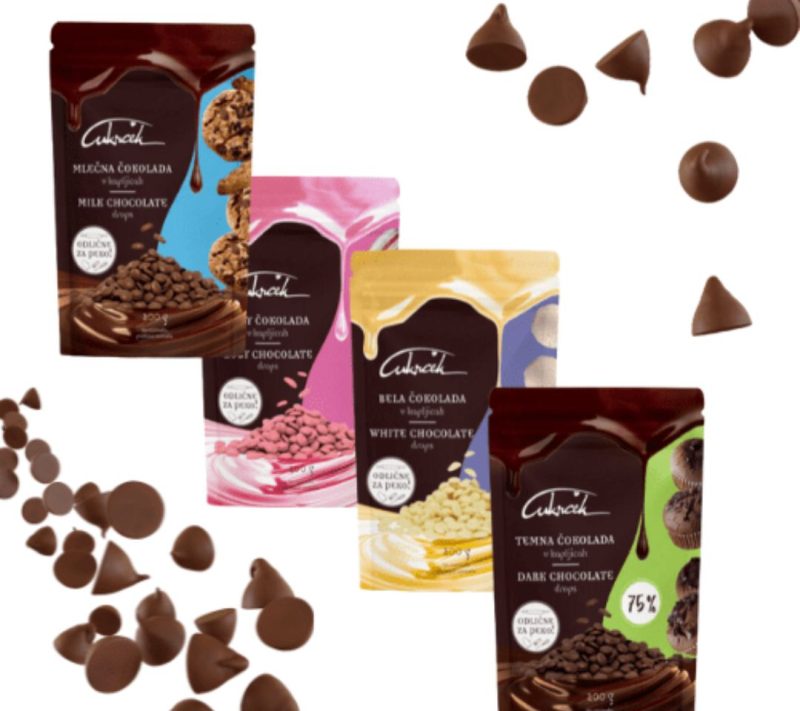 Paket čokoladnih kapljic (temna, mlečna, bela in ruby) Cukrček