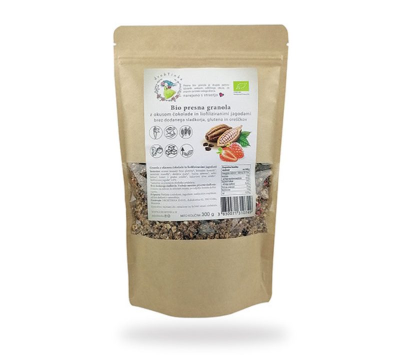 Bio hrustljava granola z okusom čokolade in liofiliziranimi jagodami drobTinka, 300 g