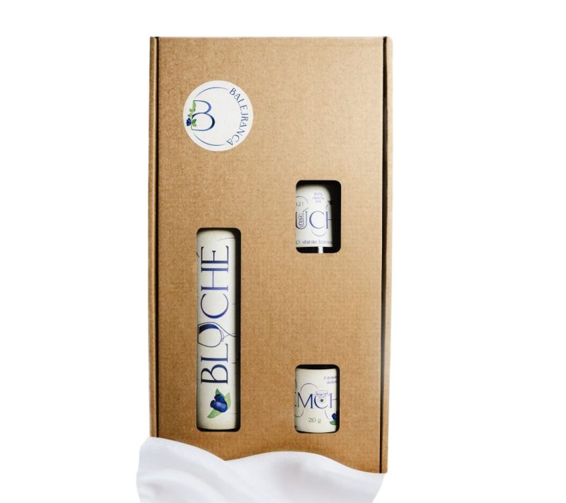 Darilni paket iz sibirskih borovnic - polsuha fermentirana sadna alkoholna pijača, matični sok in sadni namaz Balejranca