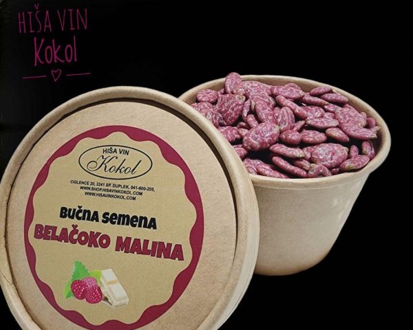 Bučna semena oblita z belo čokolado in malino 100g